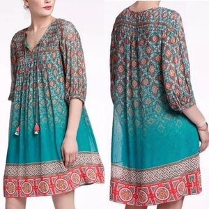 Anthropologie Tanvi Kedia Made in India Blue Boho Tunic Tassel Dress Small
